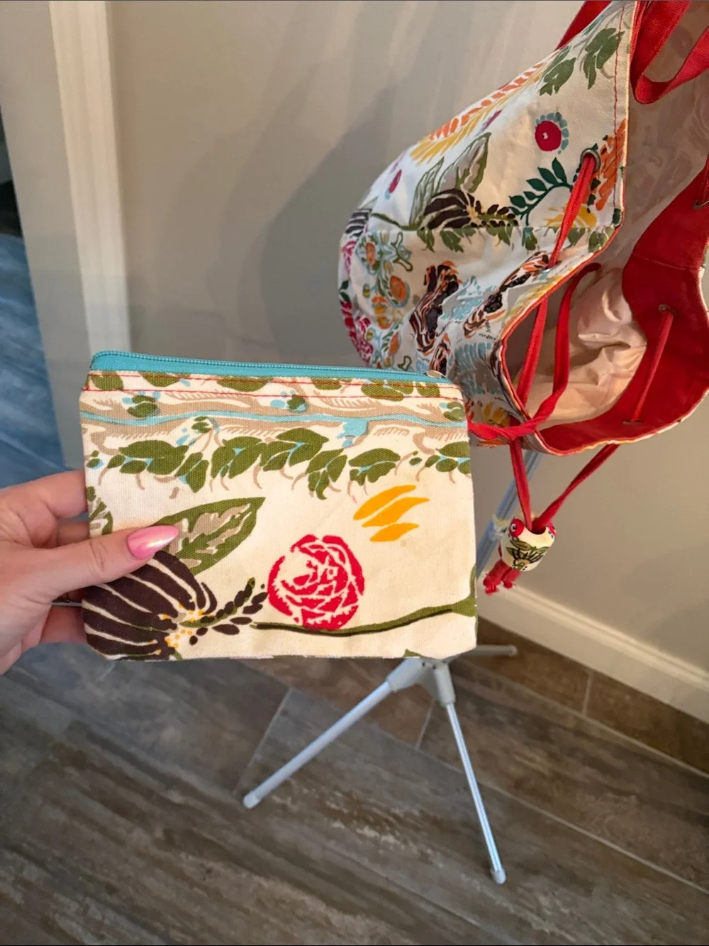 Floral Drawstring Backpack with Red Trim